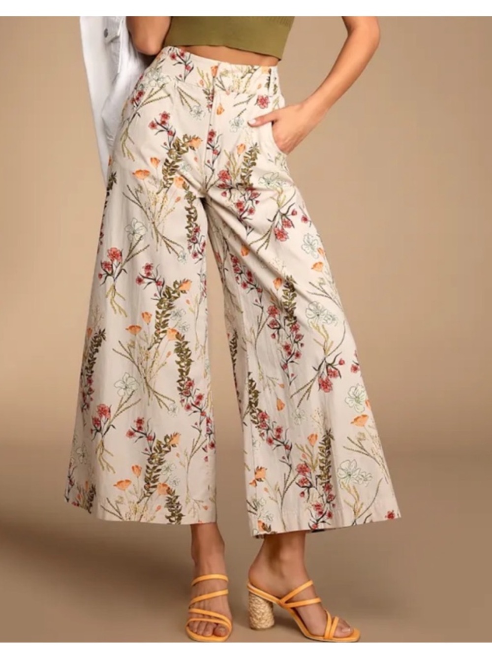 Free People Cream Floral Wide Leg Pants